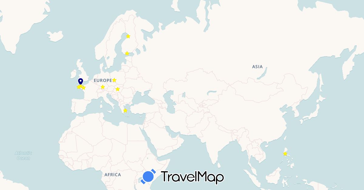 TravelMap itinerary: driving in Germany, Finland, France, Greece, Hungary, Philippines, Poland (Asia, Europe)